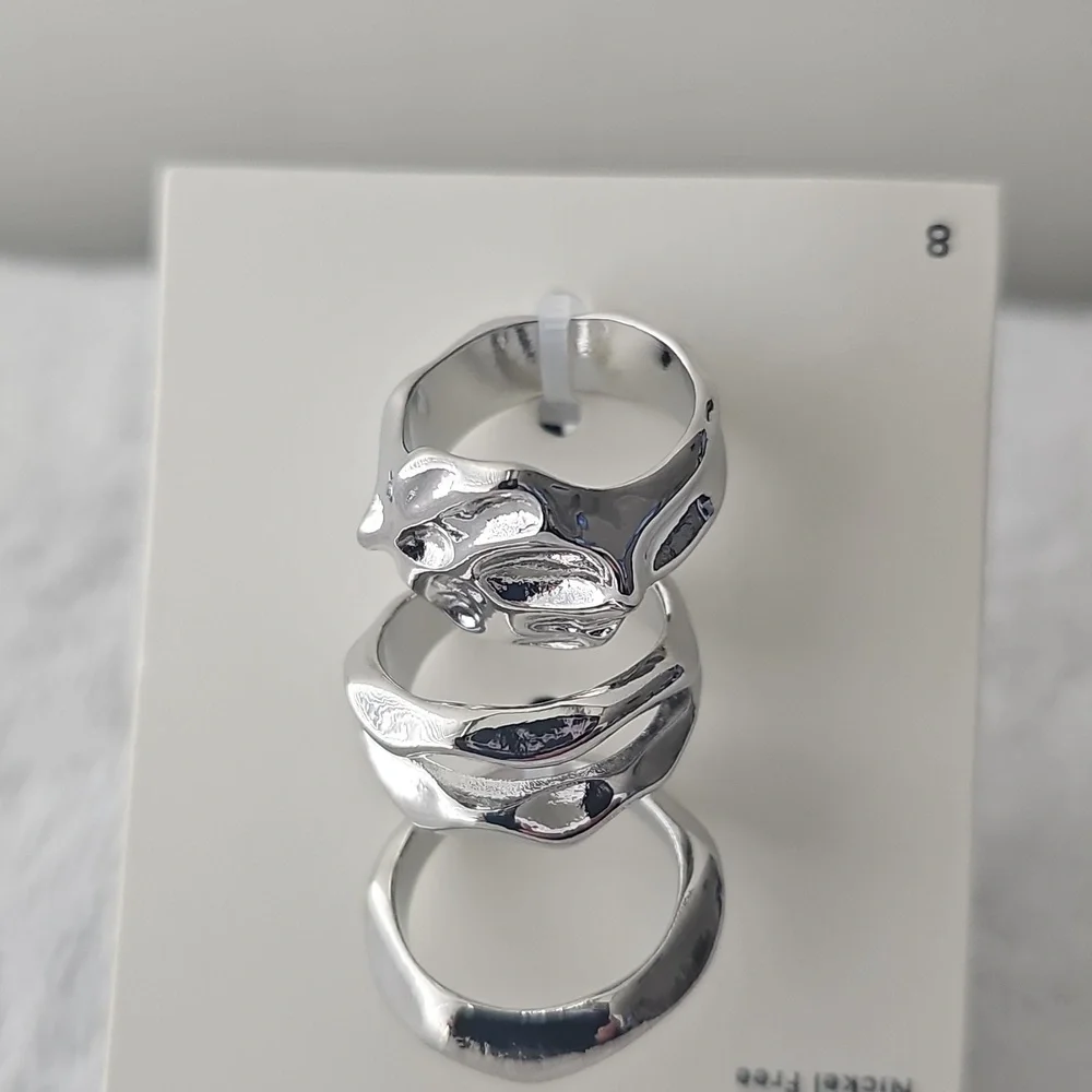 NWT Open Edit Set Of 3 Molten Rhodiun Rings Size 8 Silver - Picture 6 of 12